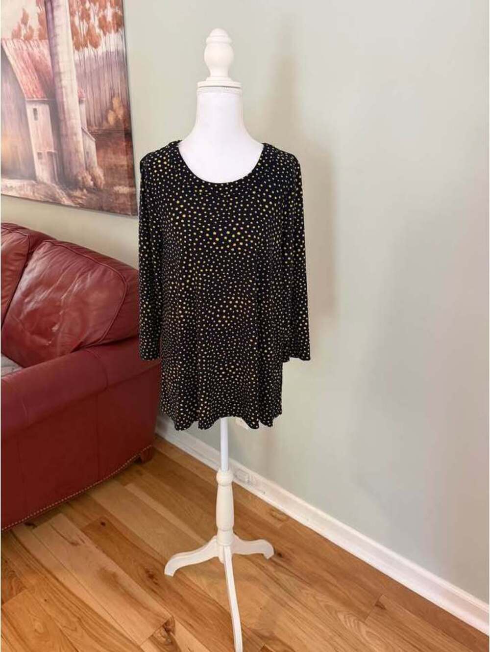 Anne Klein Navy and Yellow Polka Dot Tunic, Size M